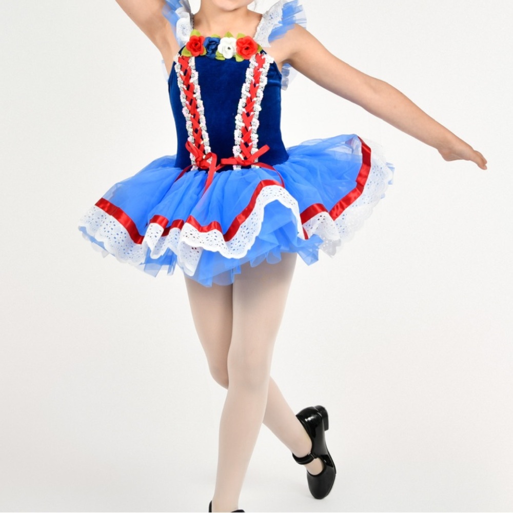 Blue and Red Tutu Dress with Floral Accents